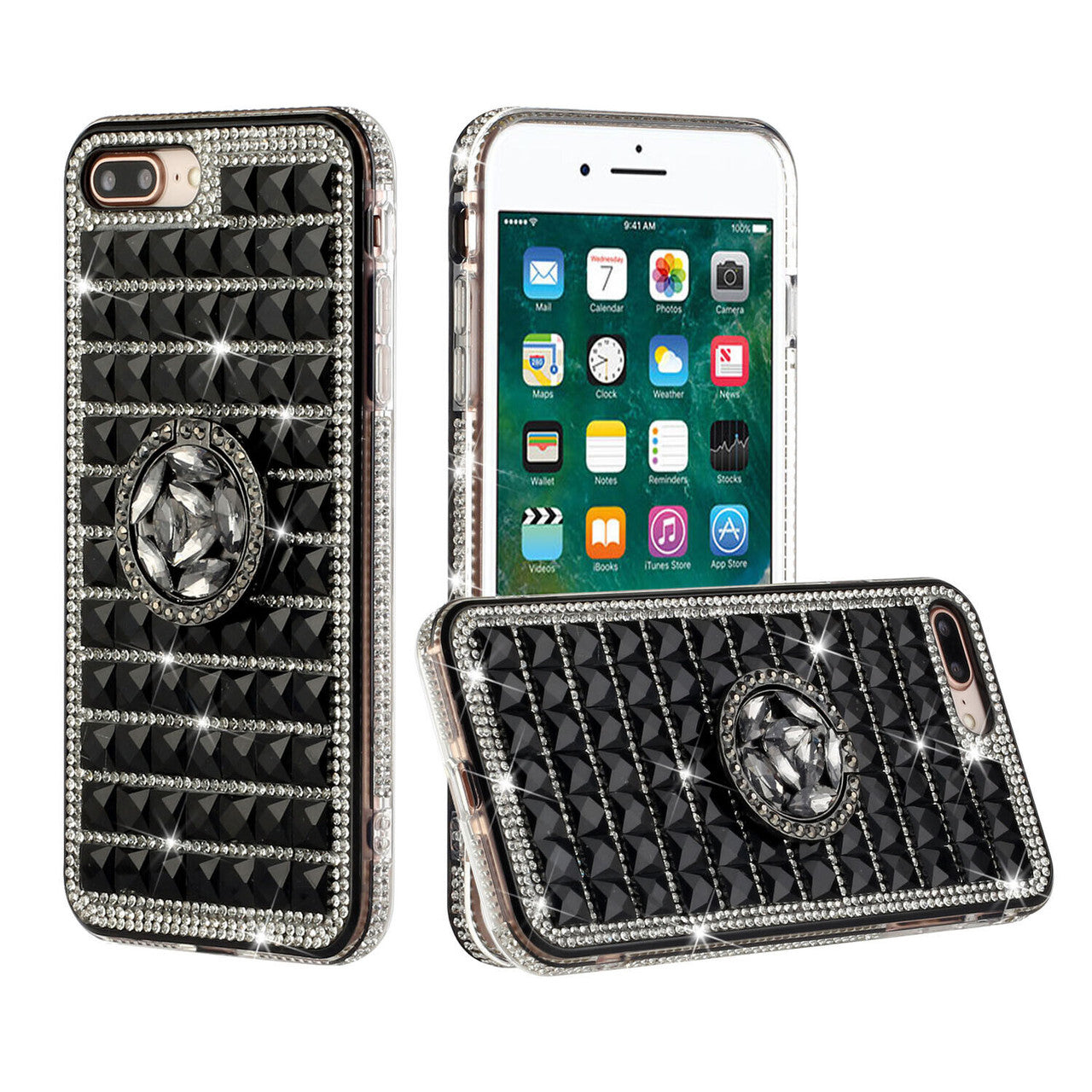 iPhone 12 Mini Full Bling Case with [Ring Kickstand] Cute Glitter Sparkle Bling Diamond Rhinestone -Black