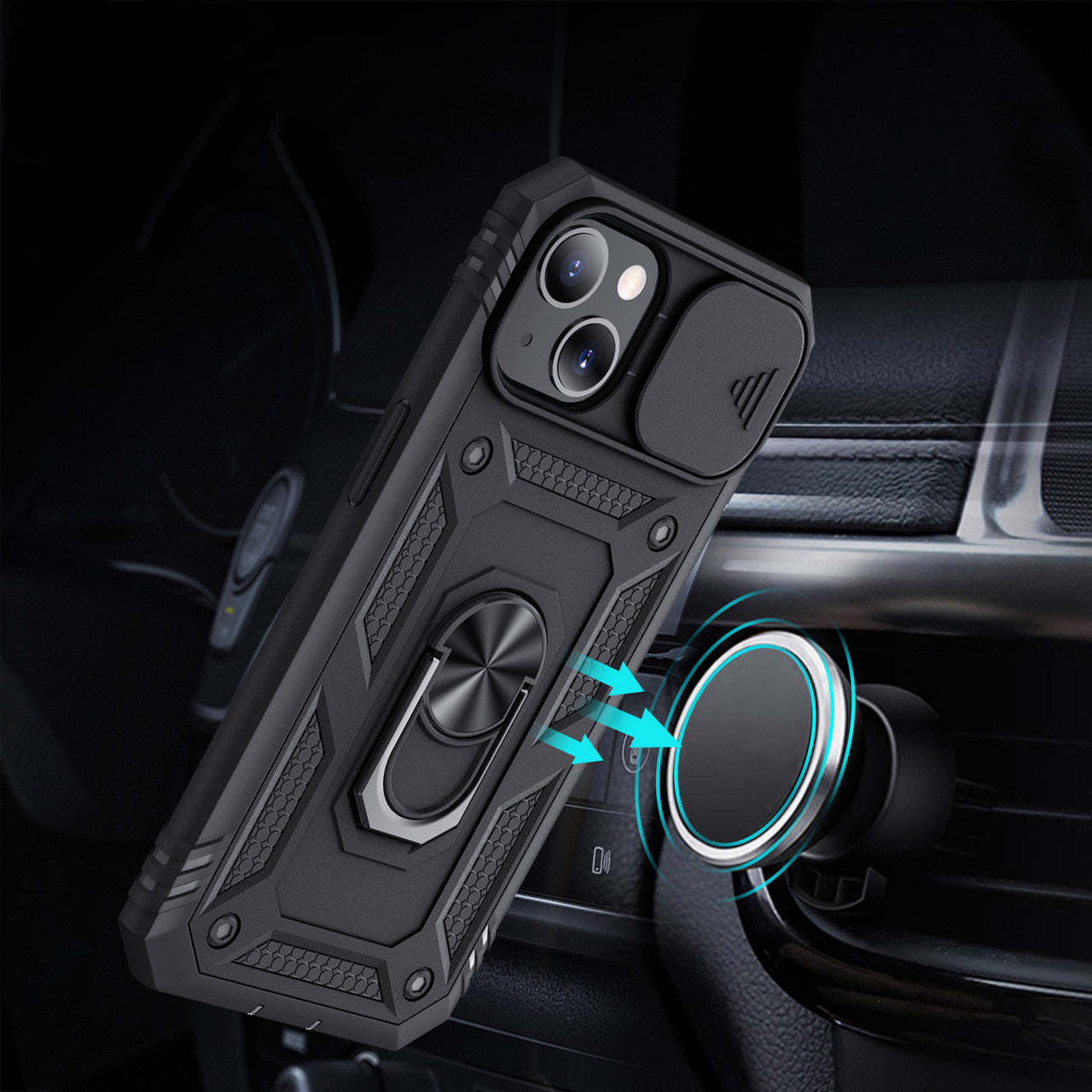iPhone 13 Case  with Camera Cover & Kickstand, Built-in 360°Rotate Ring Stand with Camera Lens Protection Magnetic Magnet Protective Phone Case for iPhone 13 iPhone-BLACK