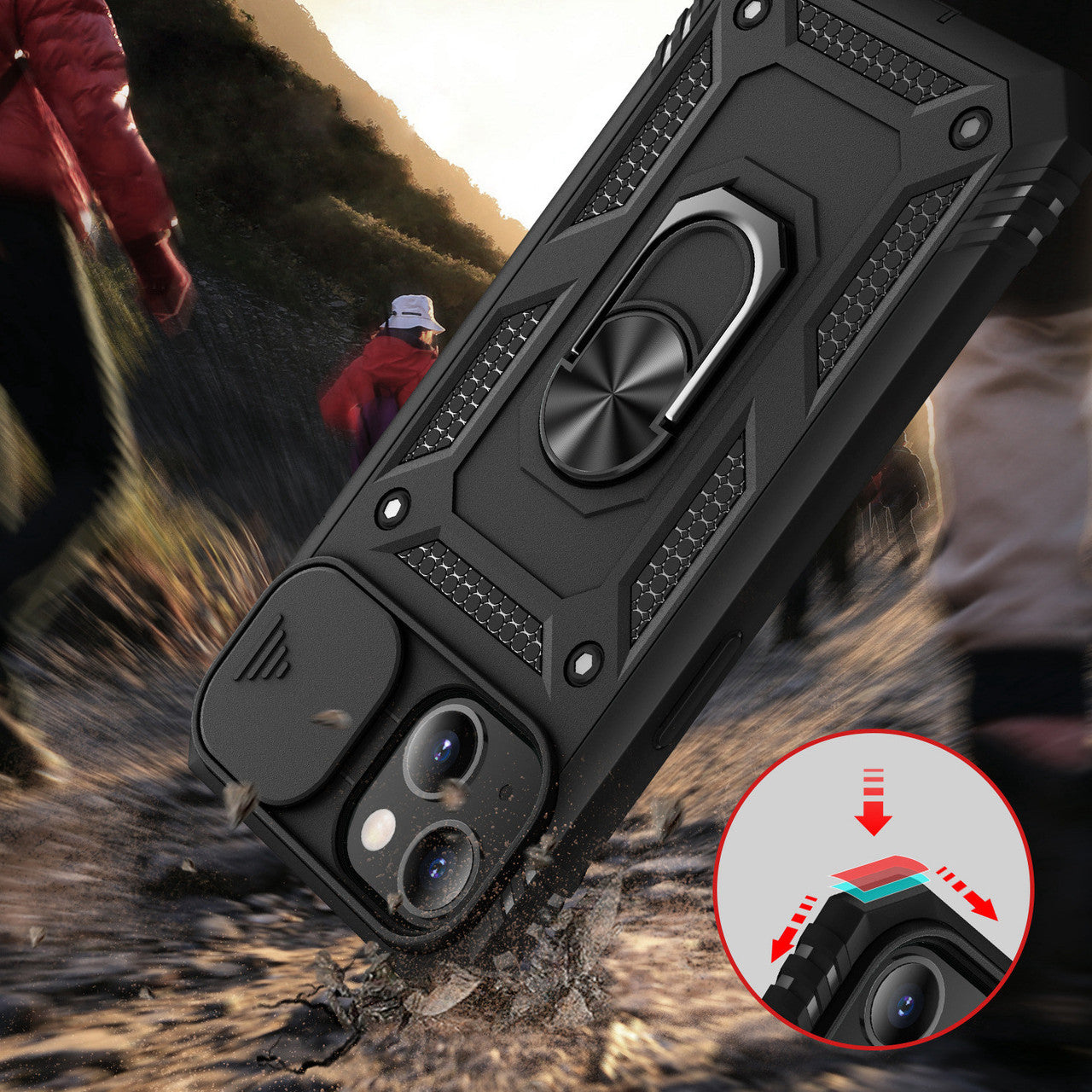 iPhone 13 Case  with Camera Cover & Kickstand, Built-in 360°Rotate Ring Stand with Camera Lens Protection Magnetic Magnet Protective Phone Case for iPhone 13 iPhone-BLACK