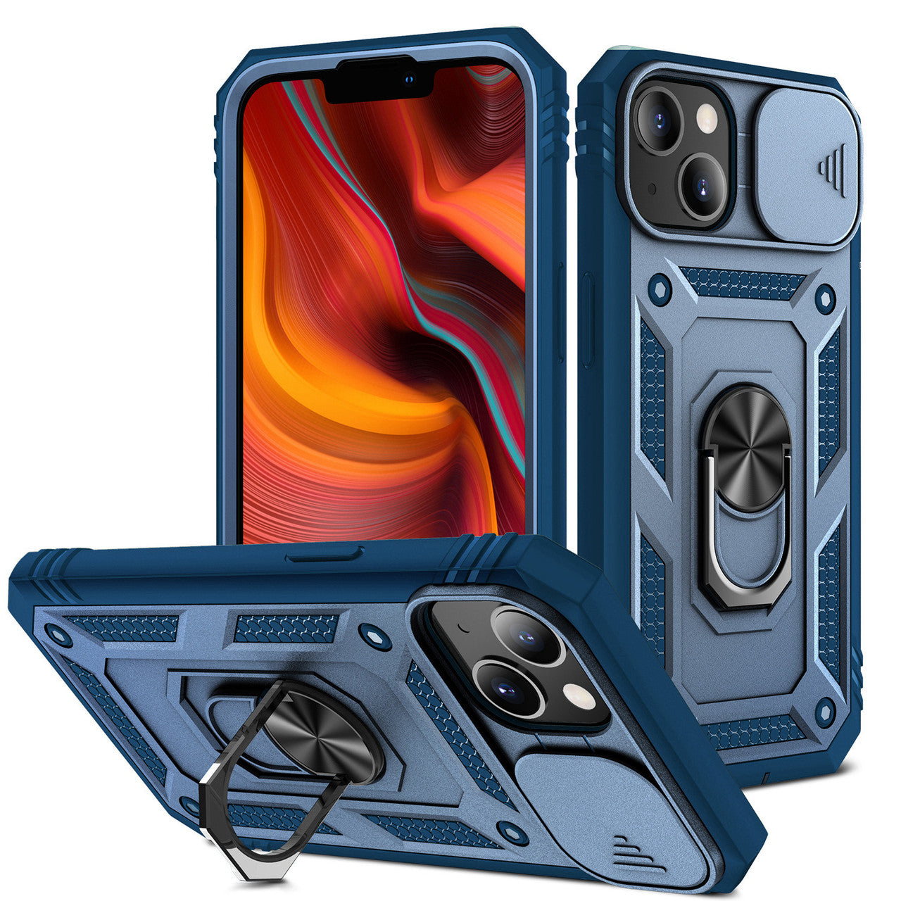 iPhone 14 Case with Camera Cover & Kickstand, Built-in 360°Rotate Ring Stand with Camera Lens Protection Magnetic Magnet Protective Phone Case  - Navy Blue