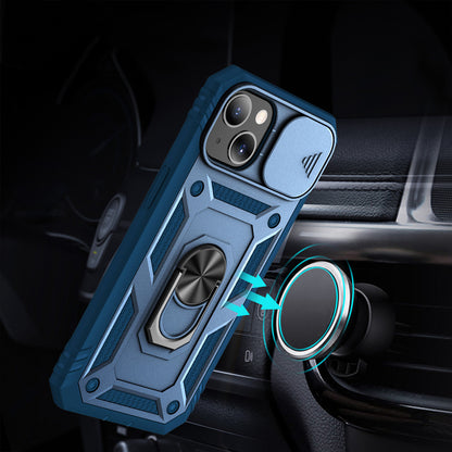 iPhone 14 Case with Camera Cover & Kickstand, Built-in 360°Rotate Ring Stand with Camera Lens Protection Magnetic Magnet Protective Phone Case  - Navy Blue