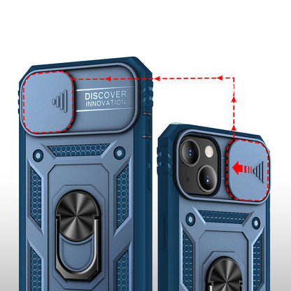 iPhone 14 Case with Camera Cover & Kickstand, Built-in 360°Rotate Ring Stand with Camera Lens Protection Magnetic Magnet Protective Phone Case  - Navy Blue