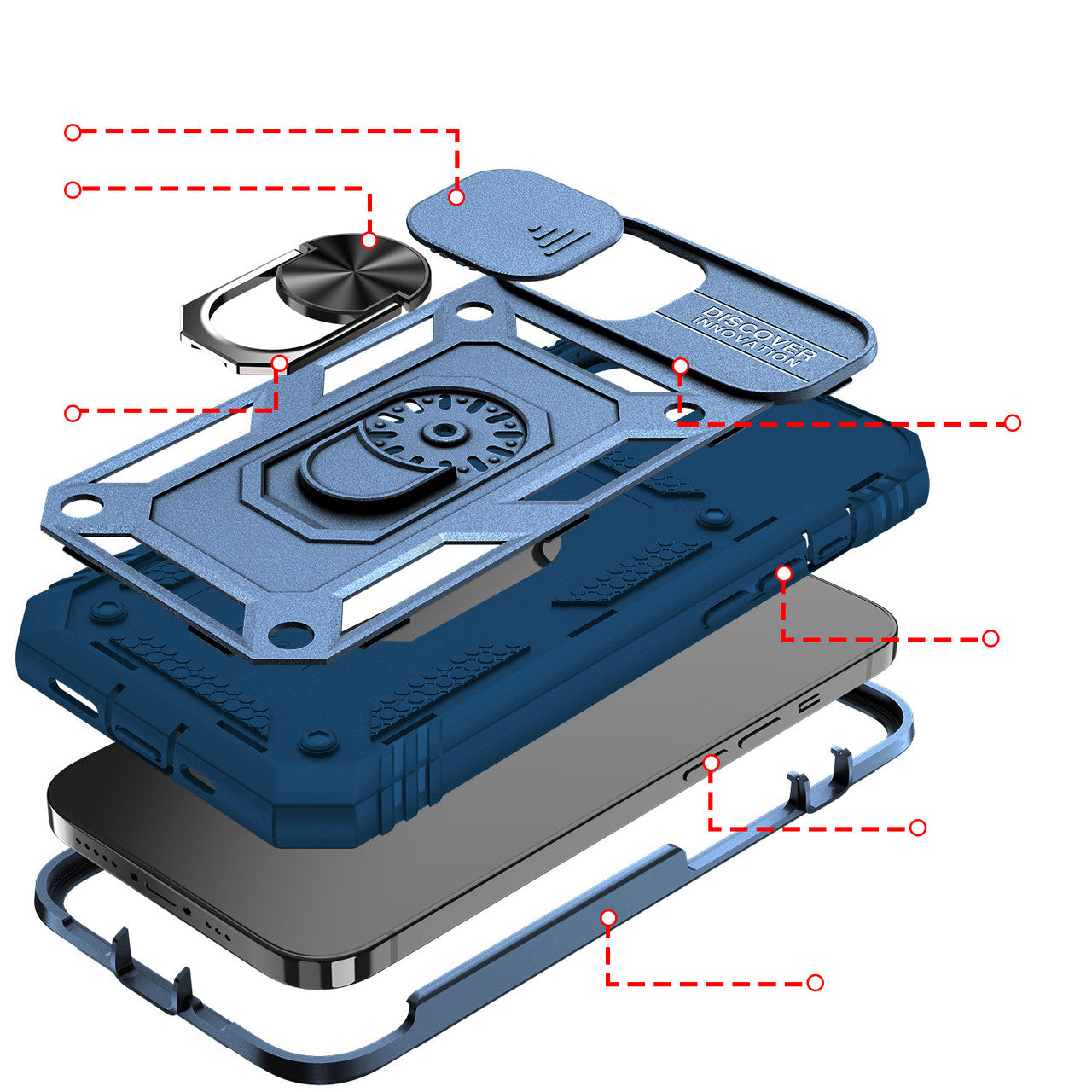iPhone 14 Case with Camera Cover & Kickstand, Built-in 360°Rotate Ring Stand with Camera Lens Protection Magnetic Magnet Protective Phone Case  - Navy Blue