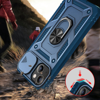 iPhone 14 Case with Camera Cover & Kickstand, Built-in 360°Rotate Ring Stand with Camera Lens Protection Magnetic Magnet Protective Phone Case  - Navy Blue