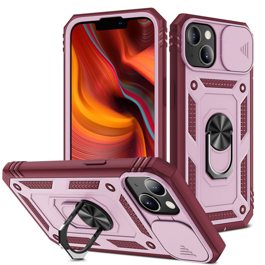 iPhone 13 Case  with Camera Cover & Kickstand, Built-in 360°Rotate Ring Stand with Camera Lens Protection Magnetic Magnet Protective Phone Case for iPhone 13 iPhone-BURGUNDY PINK