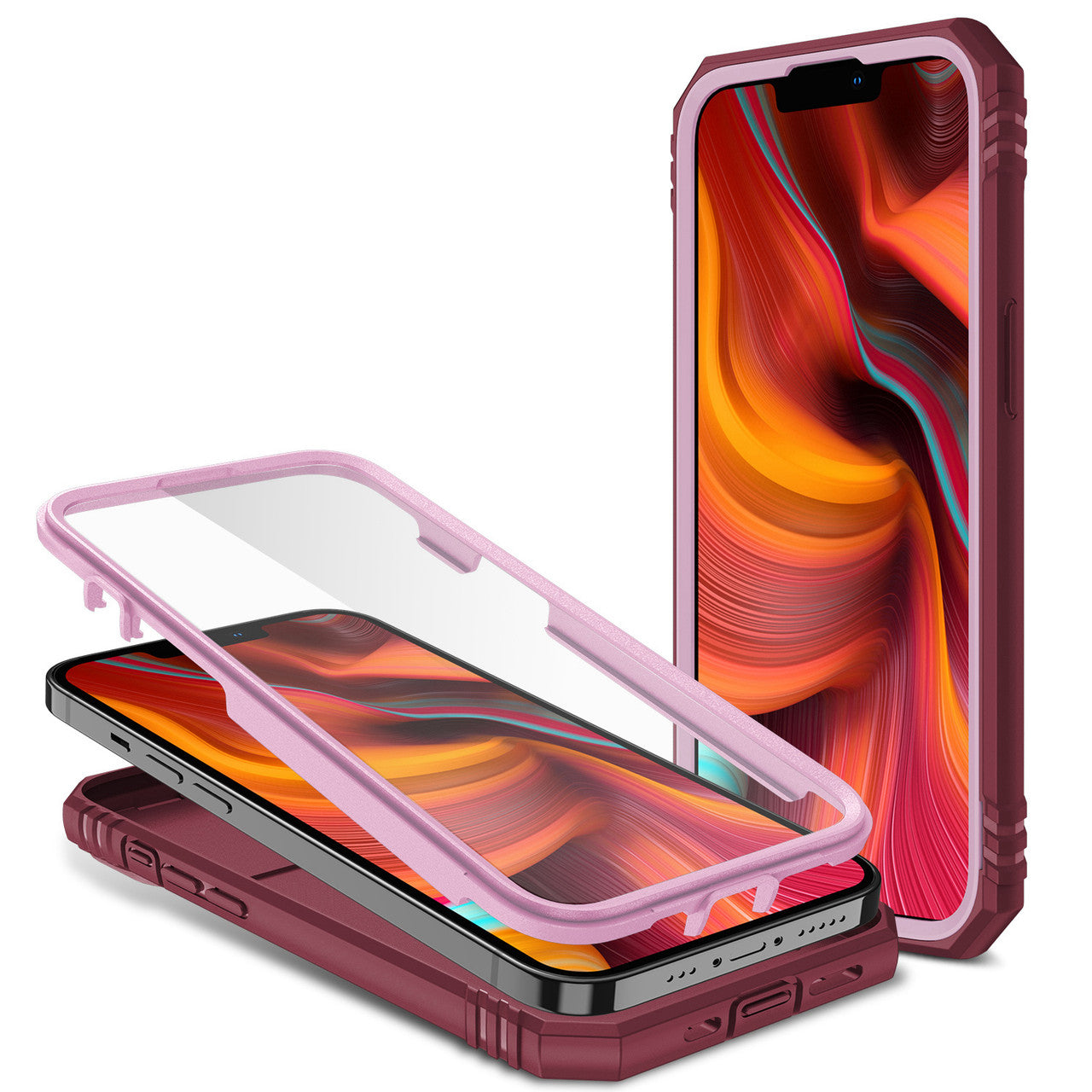 iPhone 13 Case  with Camera Cover & Kickstand, Built-in 360°Rotate Ring Stand with Camera Lens Protection Magnetic Magnet Protective Phone Case for iPhone 13 iPhone-BURGUNDY PINK