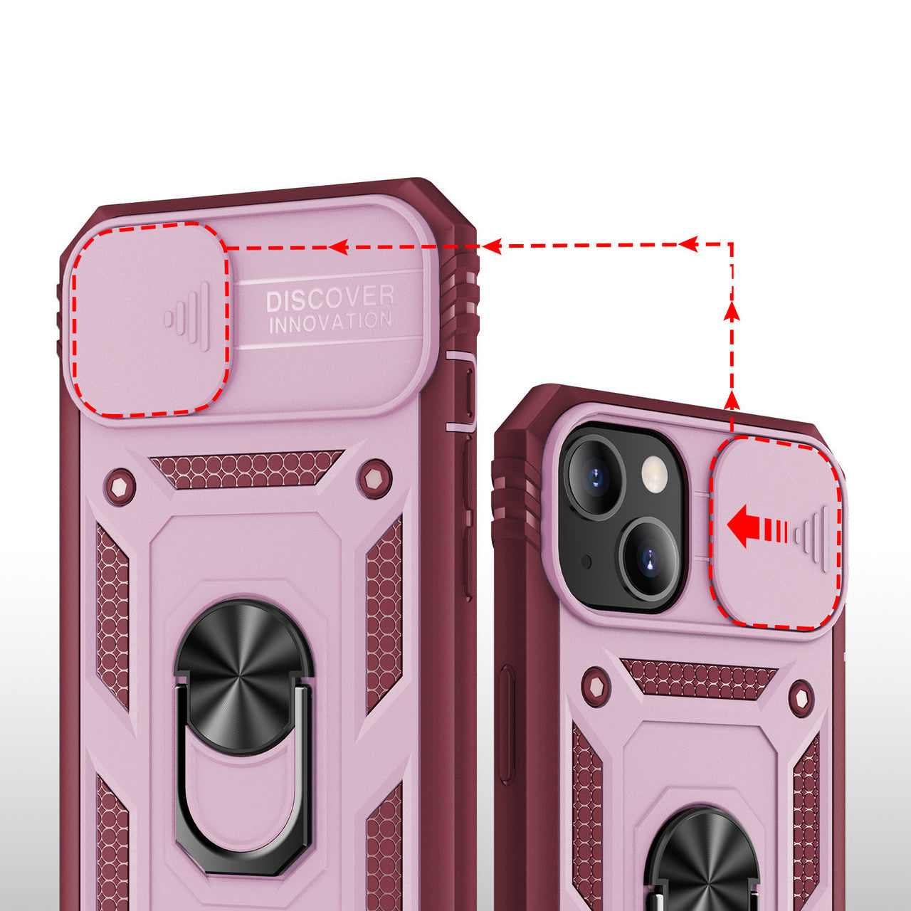 iPhone 13 Case  with Camera Cover & Kickstand, Built-in 360°Rotate Ring Stand with Camera Lens Protection Magnetic Magnet Protective Phone Case for iPhone 13 iPhone-BURGUNDY PINK