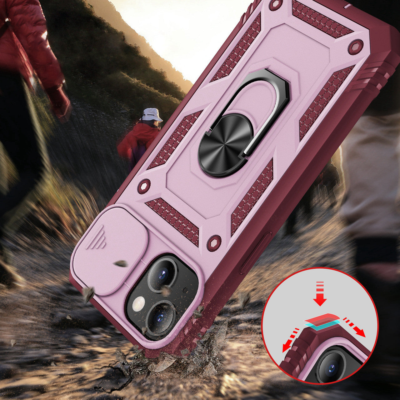 iPhone 13 Case  with Camera Cover & Kickstand, Built-in 360°Rotate Ring Stand with Camera Lens Protection Magnetic Magnet Protective Phone Case for iPhone 13 iPhone-BURGUNDY PINK