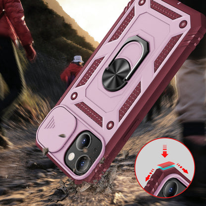 iPhone 13 Case  with Camera Cover & Kickstand, Built-in 360°Rotate Ring Stand with Camera Lens Protection Magnetic Magnet Protective Phone Case for iPhone 13 iPhone-BURGUNDY PINK