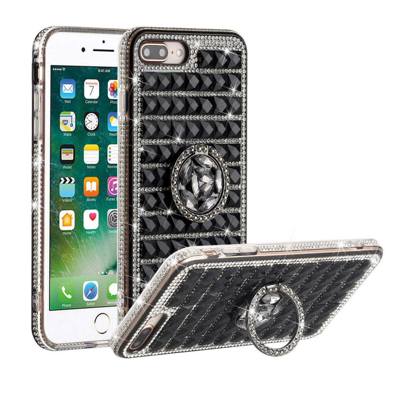 iPhone 12 Mini Full Bling Case with [Ring Kickstand] Cute Glitter Sparkle Bling Diamond Rhinestone -Black
