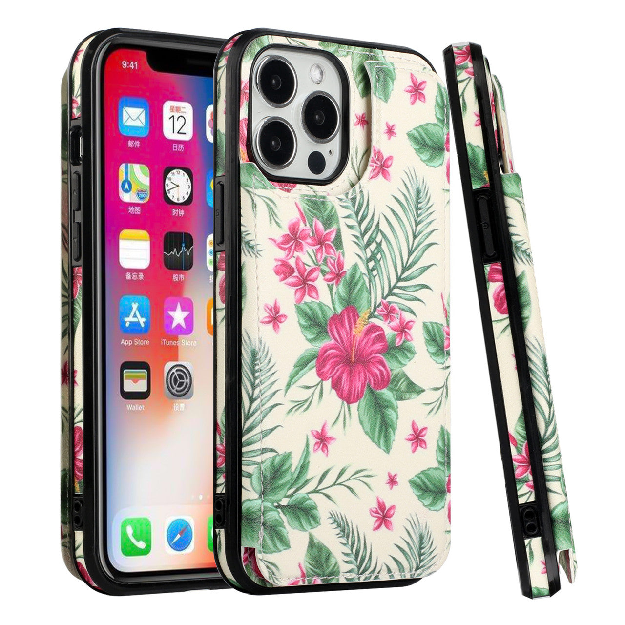 iPhone 13 Wallet Case with Card Holder, PU Leather Kickstand Card Slots Case, Double Magnetic Clasp Durable Shockproof Cover 6.1 Inch (FLORAL A)