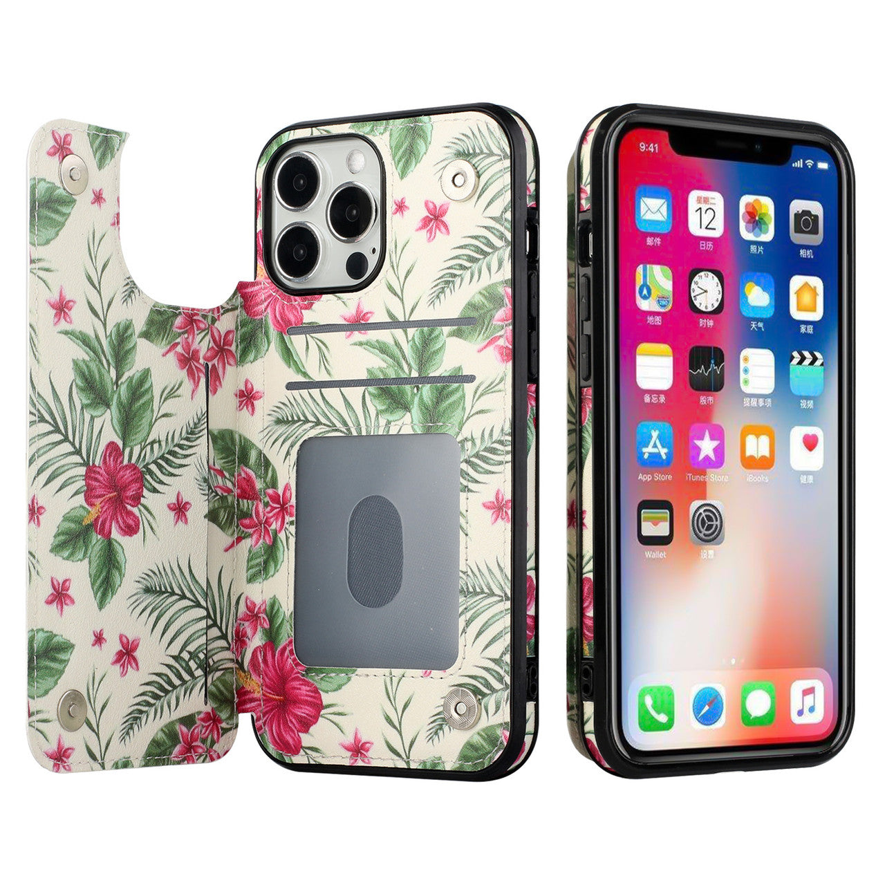 iPhone 13 Wallet Case with Card Holder, PU Leather Kickstand Card Slots Case, Double Magnetic Clasp Durable Shockproof Cover 6.1 Inch (FLORAL A)