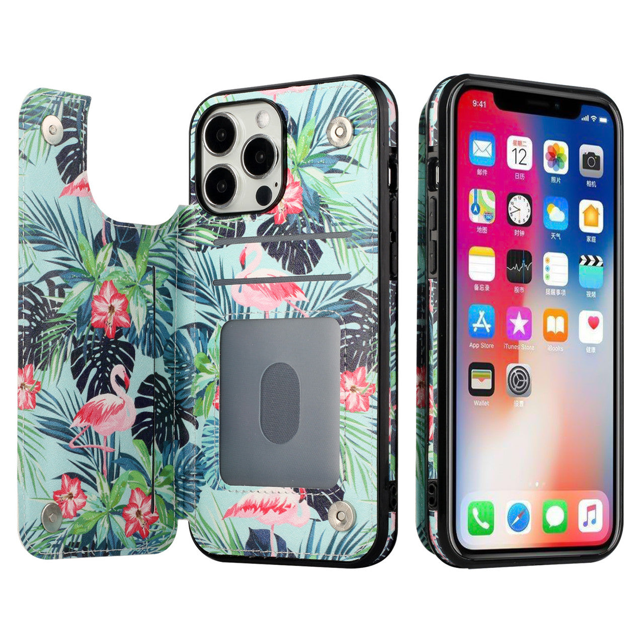 iPhone 13 Wallet Case with Card Holder, PU Leather Kickstand Card Slots Case, Double Magnetic Clasp Durable Shockproof Cover 6.1 Inch (FLORAL B)