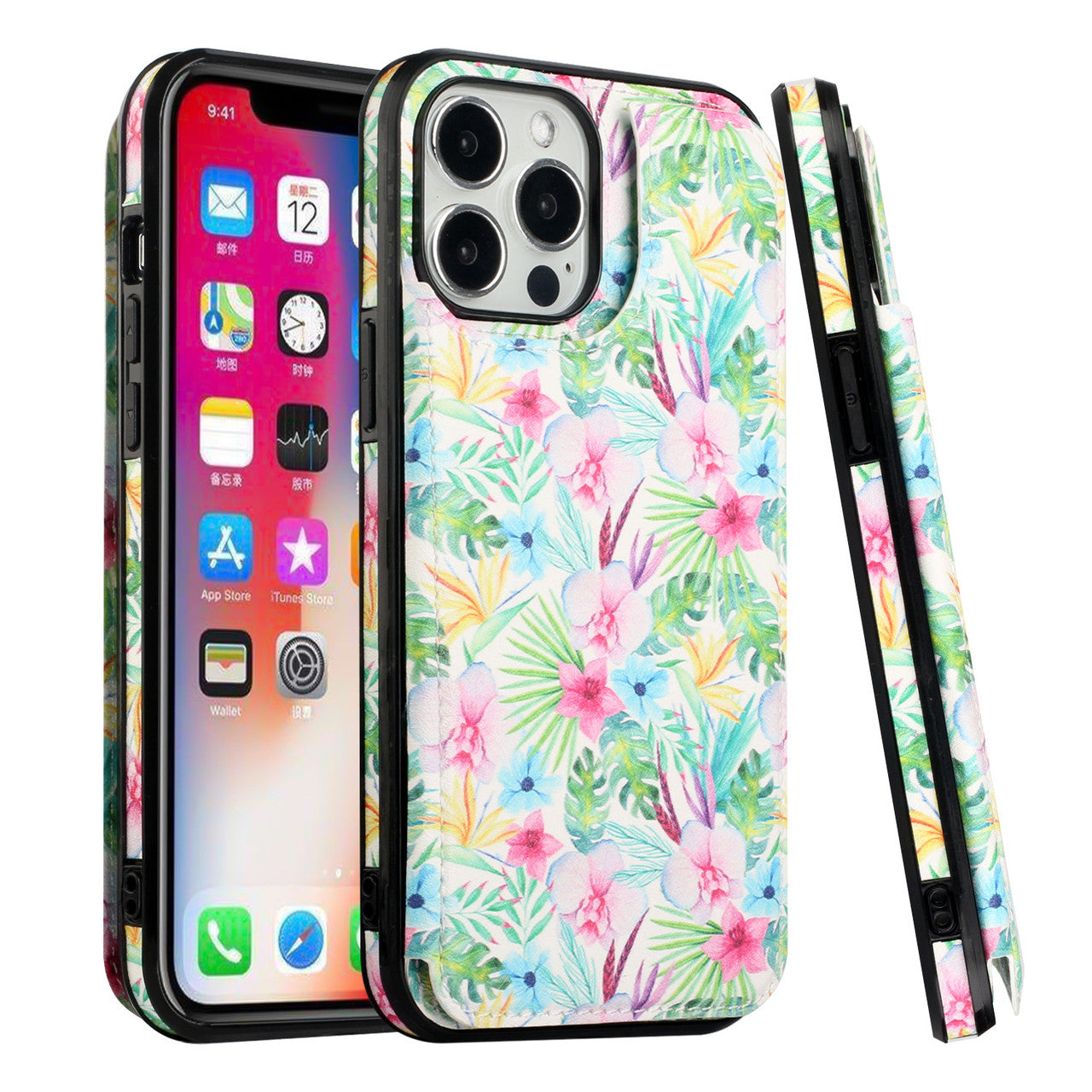 iPhone 13 Wallet Case with Card Holder, PU Leather Kickstand Card Slots Case, Double Magnetic Clasp Durable Shockproof Cover 6.1 Inch (FLORAL E)