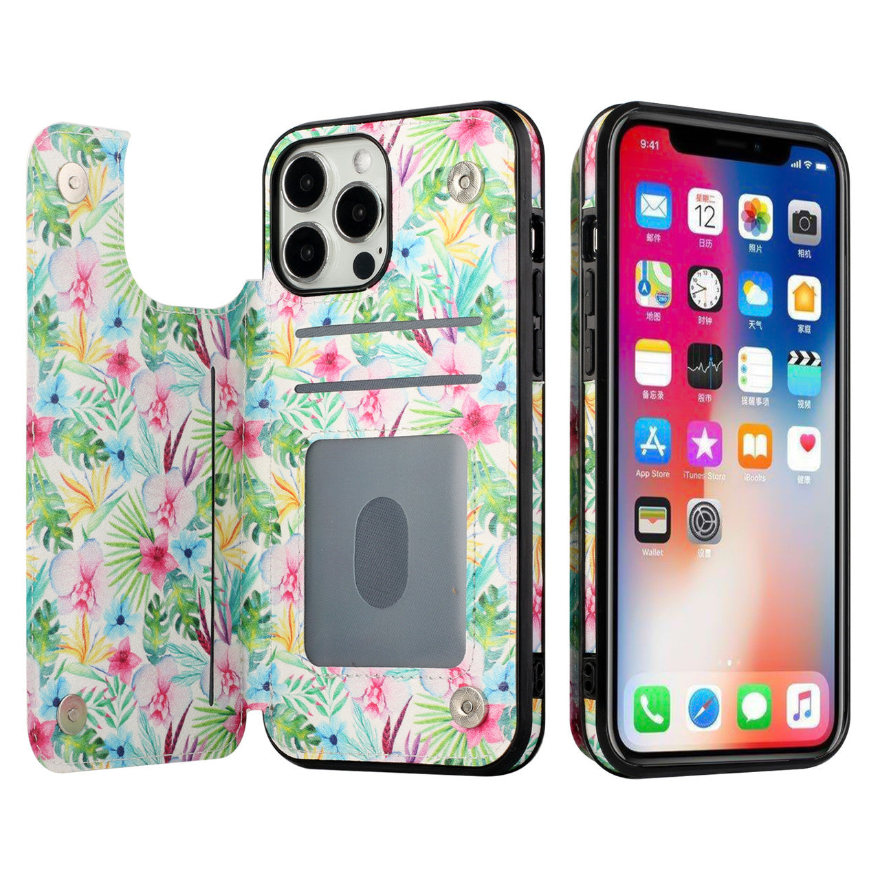 iPhone 13 Wallet Case with Card Holder, PU Leather Kickstand Card Slots Case, Double Magnetic Clasp Durable Shockproof Cover 6.1 Inch (FLORAL E)