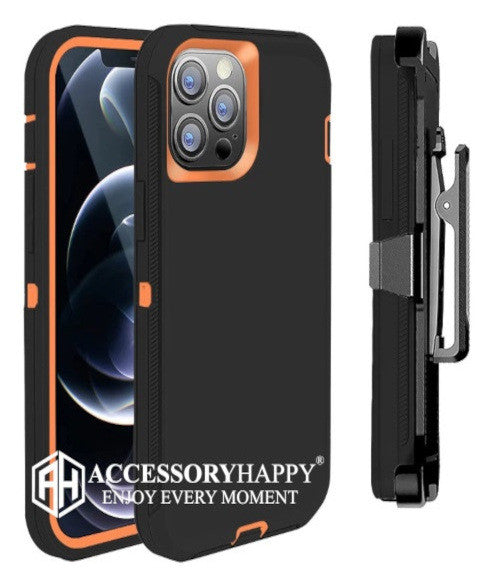 Armor Rugged Defender Case for iPhone 12 PRO Max(6.7") Protective Case with Belt Clip Holster, Heavy Duty-ORANGE BLACK
