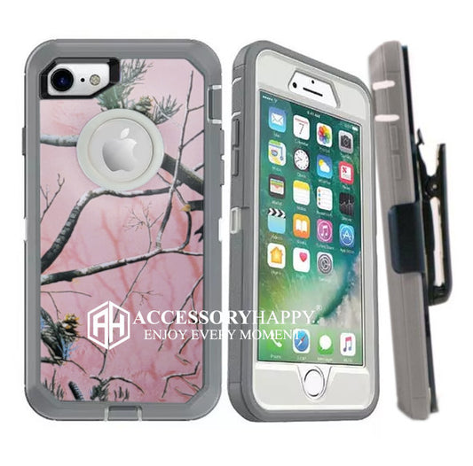 Armor Rugged Defender Case for iPhone 7 and iPhone 8 Protective Case with Belt Clip Holster, Heavy Duty, Built in Screen Protector-Pink Camo