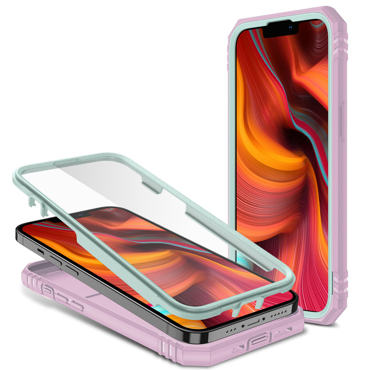 iPhone 14 Case with Camera Cover & Kickstand, Built-in 360°Rotate Ring Stand with Camera Lens Protection Magnetic Magnet Protective Phone Case  - Teal Pink