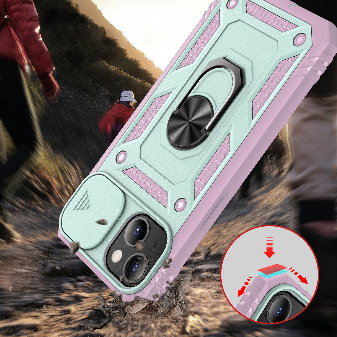 iPhone 14 Case with Camera Cover & Kickstand, Built-in 360°Rotate Ring Stand with Camera Lens Protection Magnetic Magnet Protective Phone Case  - Teal Pink