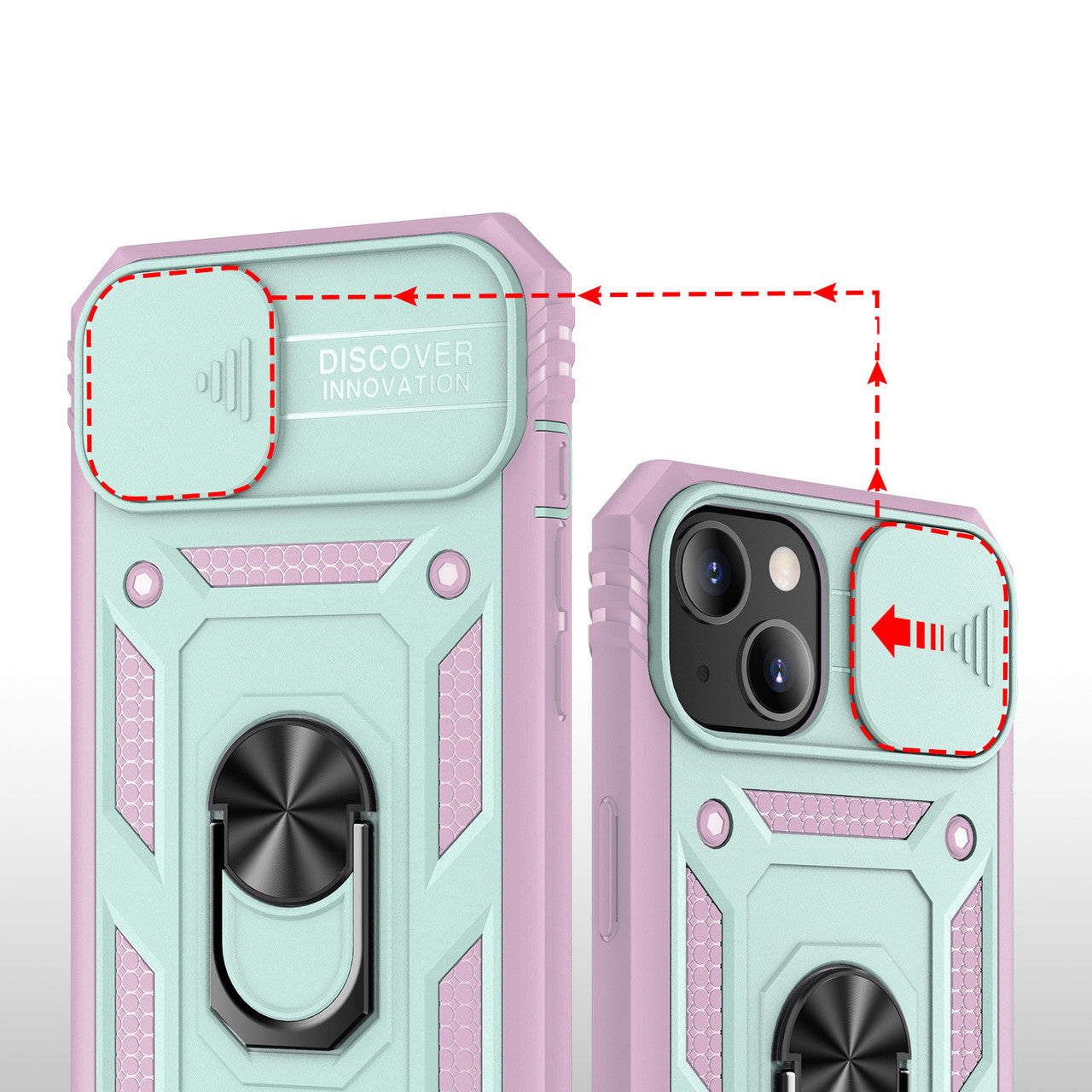 iPhone 14 Case with Camera Cover & Kickstand, Built-in 360°Rotate Ring Stand with Camera Lens Protection Magnetic Magnet Protective Phone Case  - Teal Pink