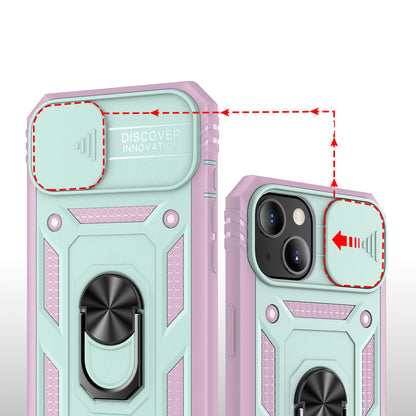 iPhone 14 Case with Camera Cover & Kickstand, Built-in 360°Rotate Ring Stand with Camera Lens Protection Magnetic Magnet Protective Phone Case  - Teal Pink