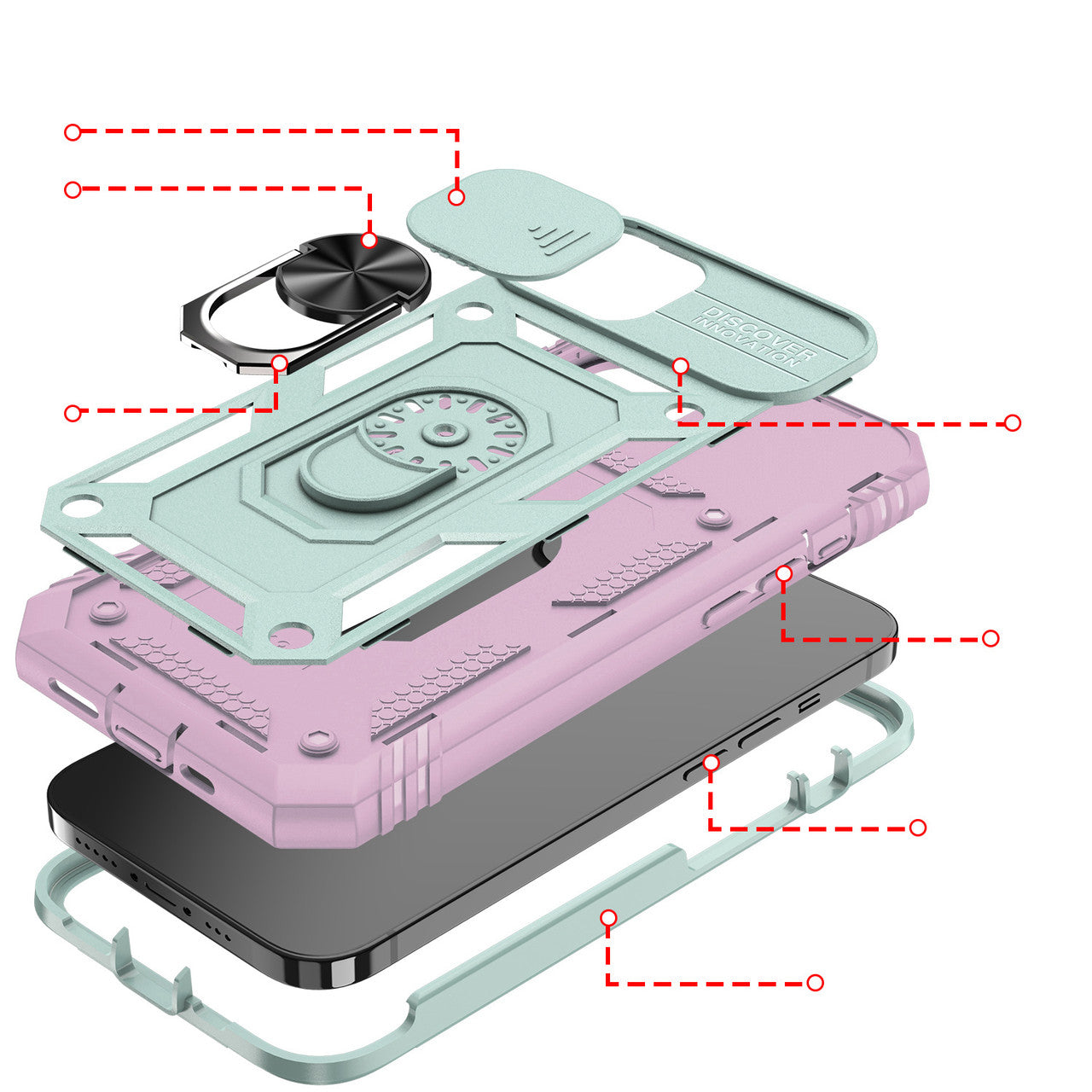 iPhone 14 Case with Camera Cover & Kickstand, Built-in 360°Rotate Ring Stand with Camera Lens Protection Magnetic Magnet Protective Phone Case  - Teal Pink