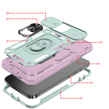 iPhone 14 Case with Camera Cover & Kickstand, Built-in 360°Rotate Ring Stand with Camera Lens Protection Magnetic Magnet Protective Phone Case  - Teal Pink