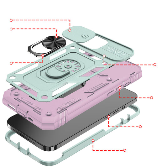 iPhone 14 Case with Camera Cover & Kickstand, Built-in 360°Rotate Ring Stand with Camera Lens Protection Magnetic Magnet Protective Phone Case  - Teal Pink