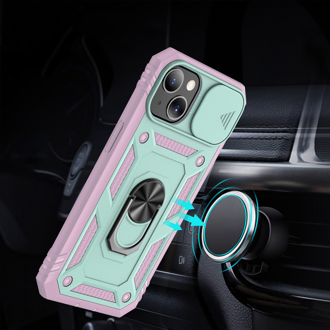 iPhone 14 Case with Camera Cover & Kickstand, Built-in 360°Rotate Ring Stand with Camera Lens Protection Magnetic Magnet Protective Phone Case  - Teal Pink