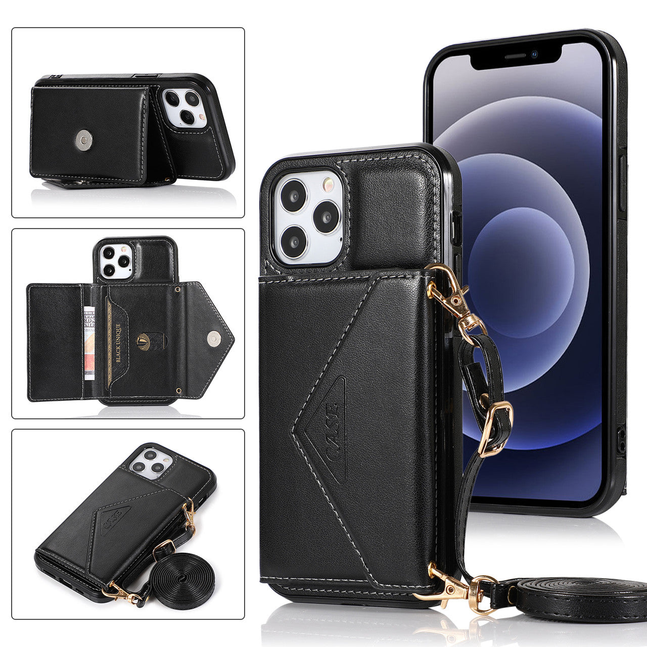 iPhone 14 Wallet Case with Card Holder, PU Leather Kickstand Card Slots Case with Shoulder Strap, Double Magnetic Clasp Durable Shockproof Cover 6.1 Inch (BLACK}