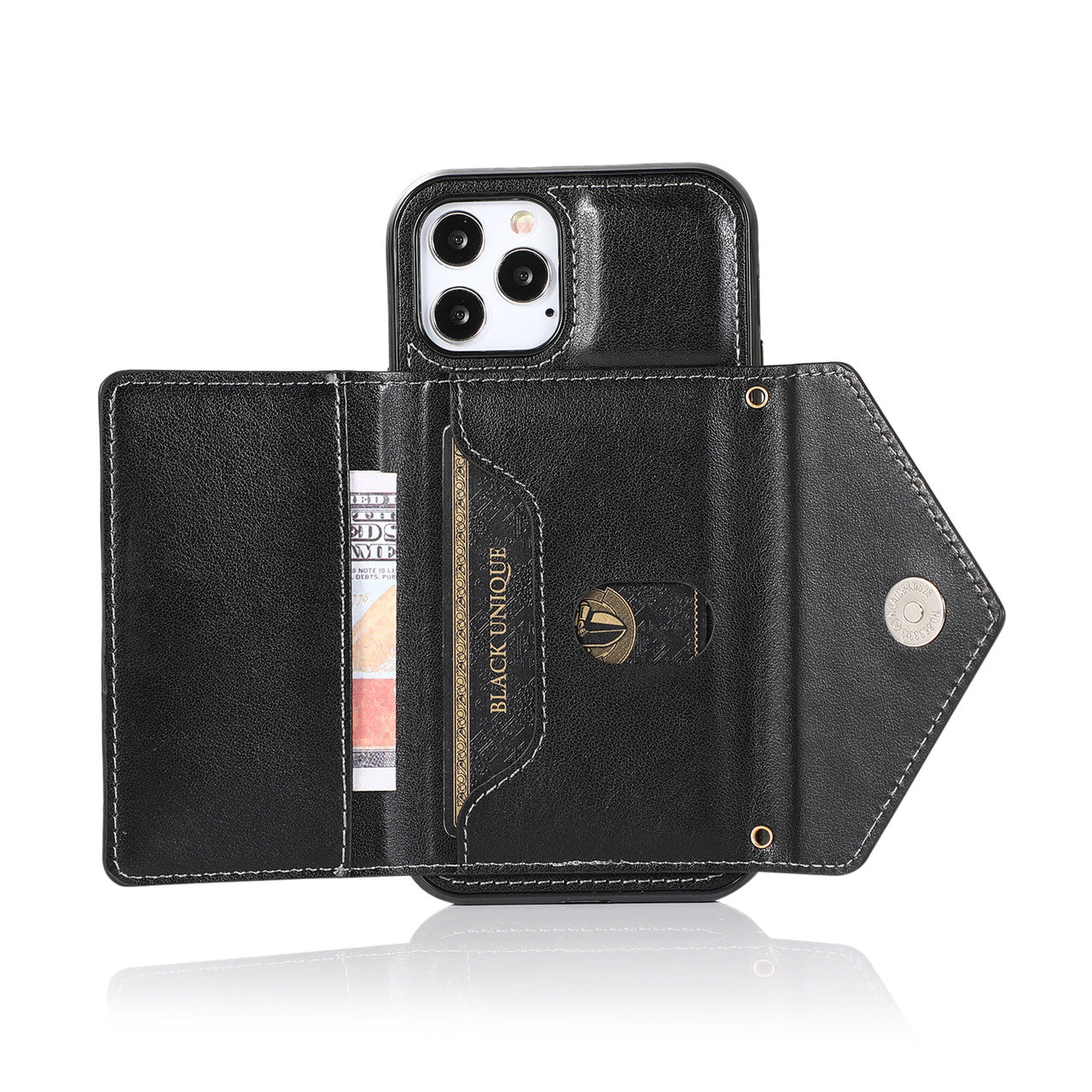 iPhone 14 Wallet Case with Card Holder, PU Leather Kickstand Card Slots Case with Shoulder Strap, Double Magnetic Clasp Durable Shockproof Cover 6.1 Inch (BLACK}