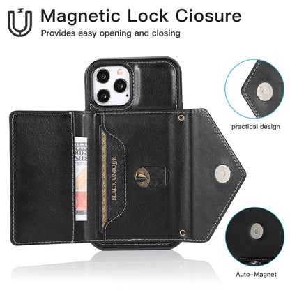 iPhone 14 Wallet Case with Card Holder, PU Leather Kickstand Card Slots Case with Shoulder Strap, Double Magnetic Clasp Durable Shockproof Cover 6.1 Inch (BLACK}