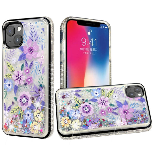 iPhone 13 Glitter Phone Case Girly Women Bling Sparkle Luxury Flowing Floating Quicksand Waterfall Clear Soft TPU Case Cover  - FLOWERS