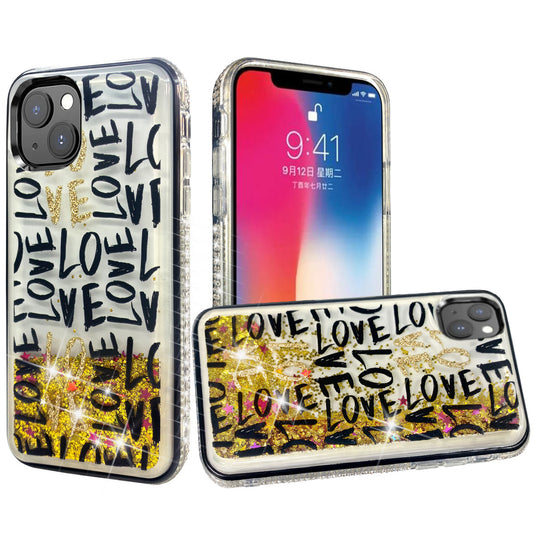 iPhone 13 Glitter Phone Case Girly Women Bling Sparkle Luxury Flowing Floating Quicksand Waterfall Clear Soft TPU Case Cover  - LOVE
