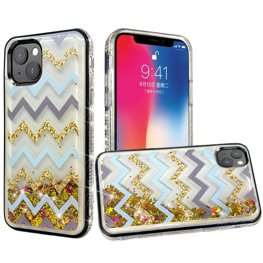 iPhone 13 Glitter Phone Case Girly Women Bling Sparkle Luxury Flowing Floating Quicksand Waterfall Clear Soft TPU Case Cover  - GOLD ZIGZAG