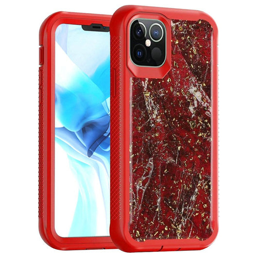 iPhone 13 Case with Protecion, 2 in 1 Durable Hard PC+Soft Silicone Heavy Duty Shockproof Full Body Phone Protective Case Cover - Marble Pattern Red
