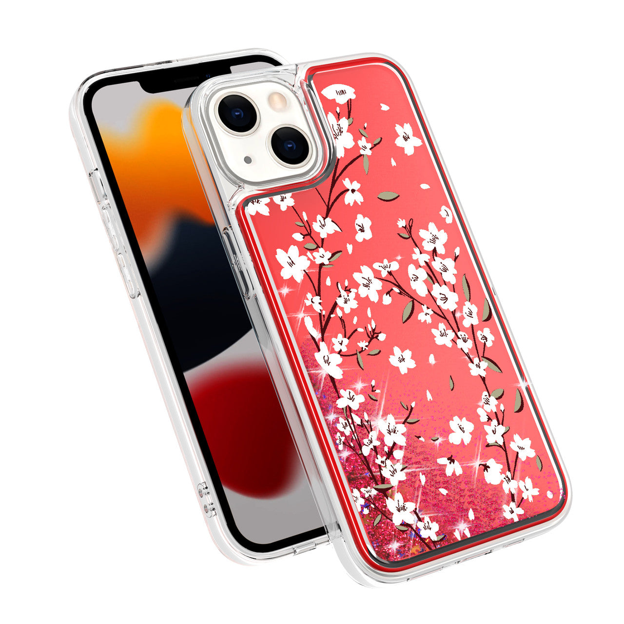 iPhone 12 iPhone 12 Pro Glitter Phone Case Girly Women Bling Sparkle Luxury Flowing Floating Quicksand Waterfall Clear Soft TPU Case Cover  - Red Flower