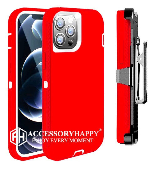 Armor Rugged Defender Case for iPhone 12 PRO Max(6.7") Protective Case with Belt Clip Holster, Heavy Duty-RED