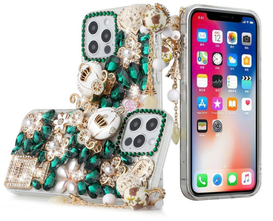 iPhone 13 Bling Case, Girls Women 3D Luxury Sparkle Glitter Diamond Crystal Rhinestone Pumpkin Car Charm Pendant Protective Case Cover for iPhone 13 6.1 inch (GREEN)