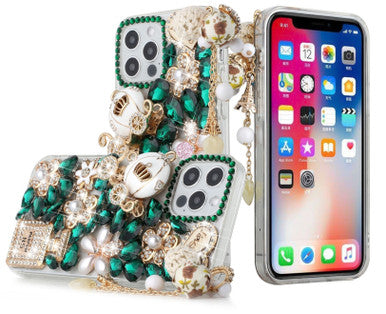 iPhone 13 Bling Case, Girls Women 3D Luxury Sparkle Glitter Diamond Crystal Rhinestone Pumpkin Car Charm Pendant Protective Case Cover for iPhone 13 6.1 inch (GREEN)