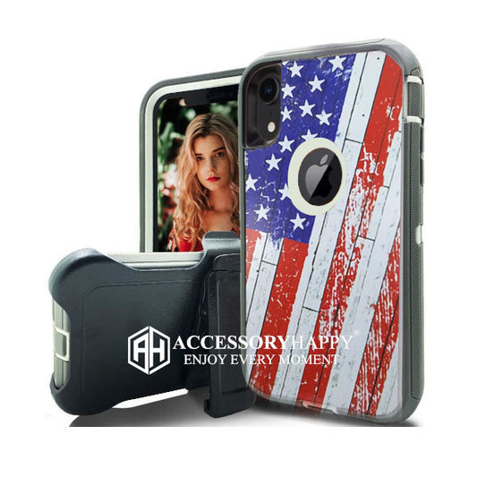 Armor Rugged Defender Case for iPhone XR Protective Case with Belt Clip Holster, Heavy Duty-USA FLAG