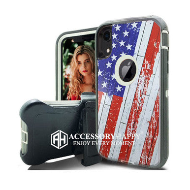 Armor Rugged Defender Case for iPhone XR Protective Case with Belt Clip Holster, Heavy Duty-USA FLAG