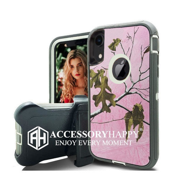 Armor Rugged Defender Case for iPhone XR Protective Case with Belt Clip Holster, Heavy Duty-Pink Camo