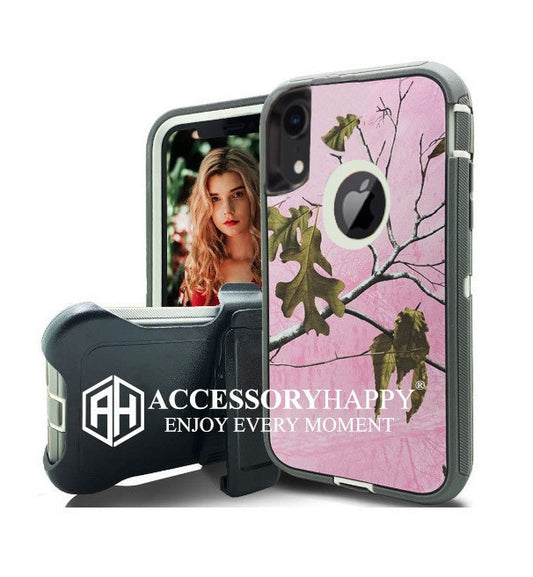 Armor Rugged Defender Case for iPhone XR Protective Case with Belt Clip Holster, Heavy Duty-Pink Camo