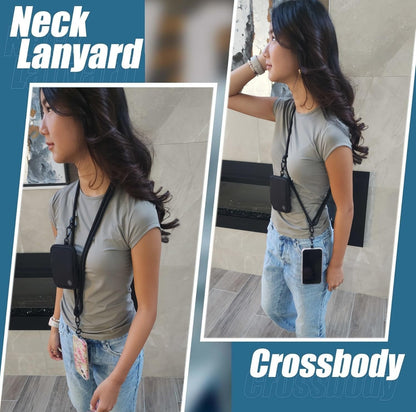 AH Phone Lanyard Crossbody with 2 Phone Tabs, Adjustable Anti Theft Phone Strap for All Phones, Metal Buckles, Skin-Friendly, Universal Cell Phone Neck lanyard for Travel Essentials with a Bag, Black