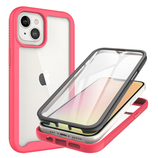iPhone 13 Case with Protecion, 2 in 1 Durable Hard PC+Soft Silicone Heavy Duty Shockproof Full Body Phone Protective Case Cover w/ Built in Screen Protector -Clear Pink