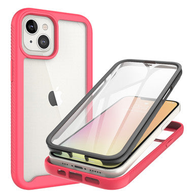 iPhone 13 Case with Protecion, 2 in 1 Durable Hard PC+Soft Silicone Heavy Duty Shockproof Full Body Phone Protective Case Cover w/ Built in Screen Protector -Clear Pink