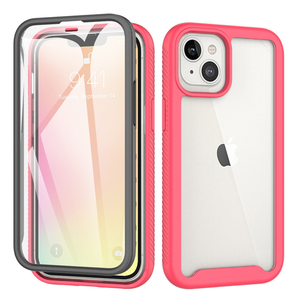 iPhone 13 Case with Protecion, 2 in 1 Durable Hard PC+Soft Silicone Heavy Duty Shockproof Full Body Phone Protective Case Cover w/ Built in Screen Protector -Clear Pink