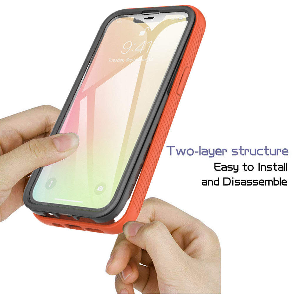 iPhone 13 Case with Protecion, 2 in 1 Durable Hard PC+Soft Silicone Heavy Duty Shockproof Full Body Phone Protective Case Cover w/ Built in Screen Protector -Clear Red