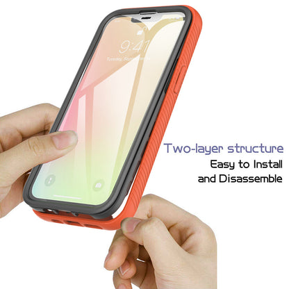 iPhone 13 Case with Protecion, 2 in 1 Durable Hard PC+Soft Silicone Heavy Duty Shockproof Full Body Phone Protective Case Cover w/ Built in Screen Protector -Clear Red